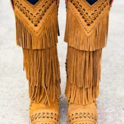 Alig Tannery All Around The Fringe — Wide Calf Western Fringe Boots In Tan Leather
