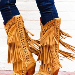 Alig Tannery All Around The Fringe — Wide Calf Western Fringe Boots In Tan Leather