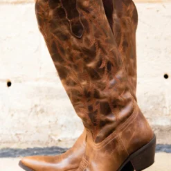 Prachi Leather Stella Mae — Wide Classic Leather Cowgirl Boots In Brown New Arrivals