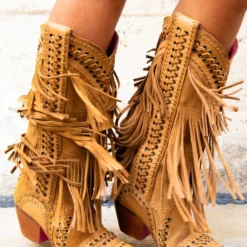 Alig Tannery All Around The Fringe — Wide Calf Western Fringe Boots In Tan Leather