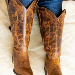 Prachi Leather Stella Mae — Wide Classic Leather Cowgirl Boots In Brown New Arrivals