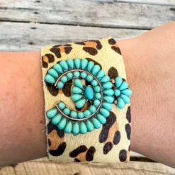 Southern Grace New Arrivals All Wrapped Up Leopard Suede Cuff With Turquoise Stone Squash Blossom