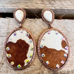 Southern Grace Brown Cowhide Crystal Oval Drop Earrings New Arrivals