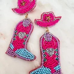 Treasure Jewels, Inc. Giddy Up Heart Pink Beaded Boot Earrings