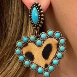 Southern Grace Leopard Turquoise Stoned Heart Dangle Earrings New Arrivals