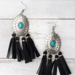 Southern Grace Cowgirl Turquoise Black Tassels Earrings