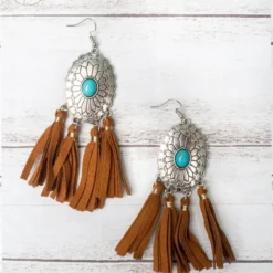 Southern Grace Cowgirl Turquoise Concho Brown Dangle Tassel Earrings
