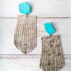 Southern Grace Let's Go Girls Turquoise White Cowhide Fringe Earrings