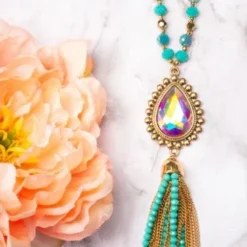 Southern Grace New Arrivals Shine So Bright Iridescent Oval Gold Crystal Turquoise Beaded Necklace