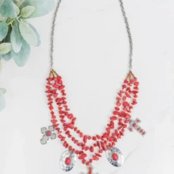 Southern Grace Red Beaded Necklace With Silver & Copper Crosses