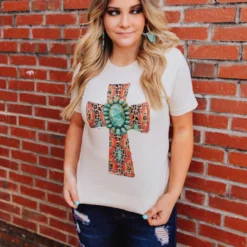Miss Mud Pie Aztec Cross And Turquoise Stone Tee - Cream