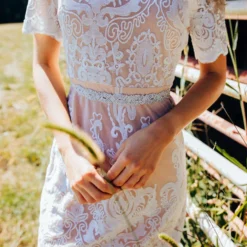 D & J Industries Bridal White Lace Dress With Tan Lining