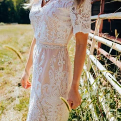 D & J Industries Bridal White Lace Dress With Tan Lining