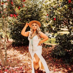 D & J Industries Champagne Maxi Dress With Lace