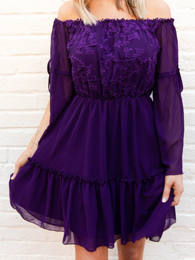 D & J Industries Clothing Cheerful Wishes - Off The Shoulder Boho Dress In Purple 2 D & J Industries Clothing Cheerful Wishes - Off The Shoulder Boho Dress In Purple