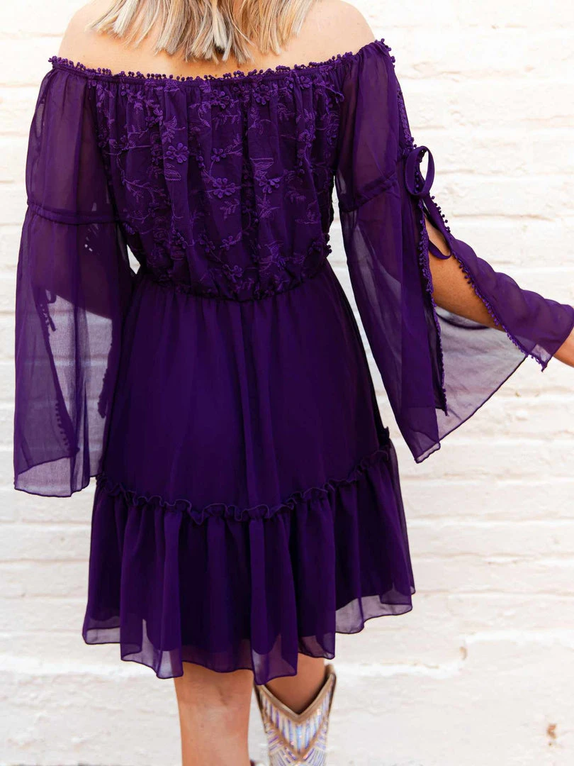 D & J Industries Clothing Cheerful Wishes - Off The Shoulder Boho Dress In Purple 3 D & J Industries Clothing Cheerful Wishes - Off The Shoulder Boho Dress In Purple