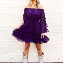 D & J Industries Clothing Cheerful Wishes - Off The Shoulder Boho Dress In Purple