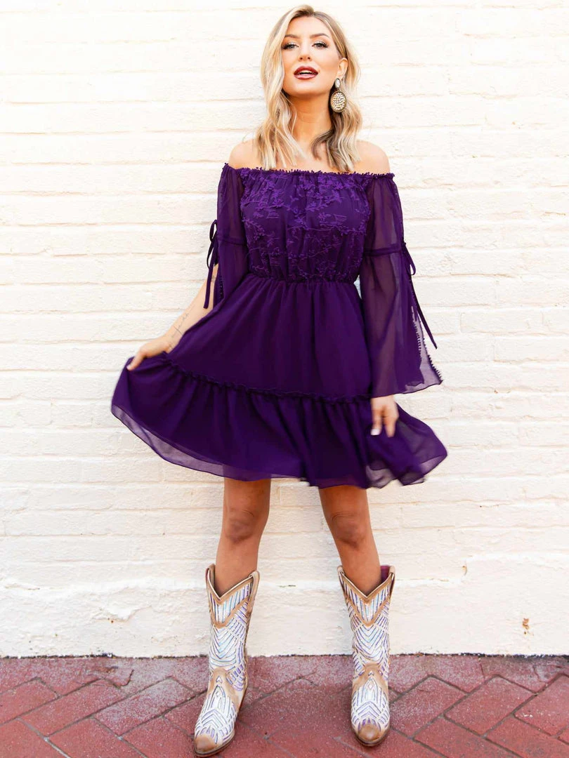 D & J Industries Clothing Cheerful Wishes - Off The Shoulder Boho Dress In Purple 1 D & J Industries Clothing Cheerful Wishes - Off The Shoulder Boho Dress In Purple