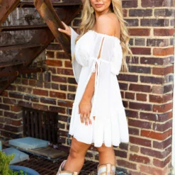 D & J Industries Cheerful Wishes - Boho Off The Shoulder Dress In White Bridal
