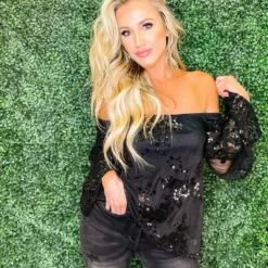 D & J Industries Co., LTD. Sequin Talk About It Top - Black