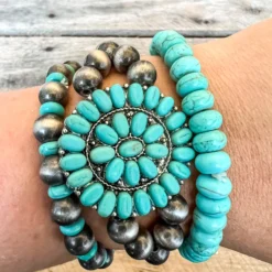 Southern Grace She Is My Rock Turquoise Squash Blossom Navajo Pearls Bracelet Set New Arrivals