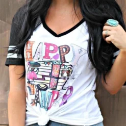 Bling-A-Gogo Happy Camper Raglan Short Sleeve Tee By Bling-a-Go-Go Tees