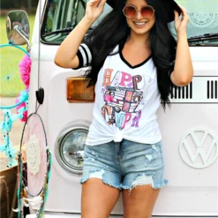 Bling-A-Gogo Happy Camper Raglan Short Sleeve Tee By Bling-a-Go-Go Tees