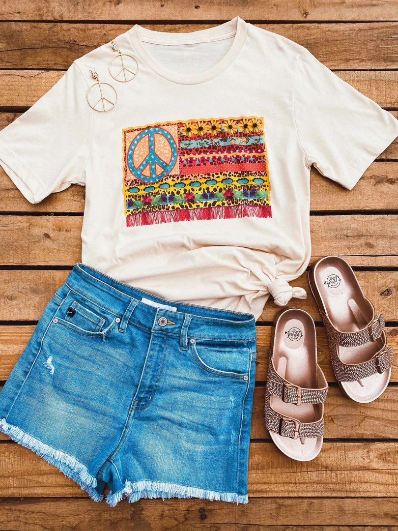 Miss Mud Pie Tees Hippie Peace American Flag Tee - Soft Cream 1 Miss Mud Pie Tees Hippie Peace American Flag Tee - Soft Cream