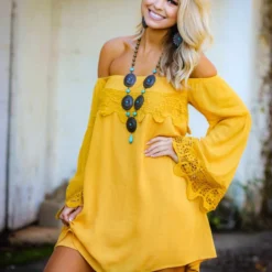 D & J Industries Lace Talk About It Tunic Dress - Mustard Clothing