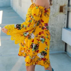 D & J Industries Lace Talk About It Tunic Dress - Mustard Floral