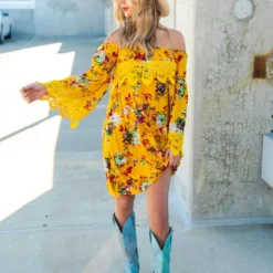 D & J Industries Lace Talk About It Tunic Dress - Mustard Floral