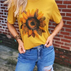 Miss Mud Pie Tees Leopard Sunflower Tee - Mustard