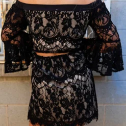 D & J Industries Clothing Locked In Lace Off Shoulder Dress - Black With Neutral Lining