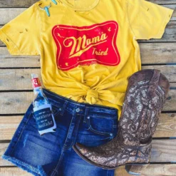 Country Deep Mama Tried Distressed Tee - Mustard Tees