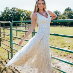 D & J Industries Maxi Champagne Sequin Dress