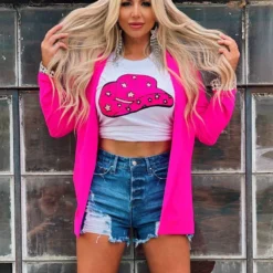 Bling-A-Gogo Summer Fried Swimwear Neon Cowgirl Star Patch T-shirt - White