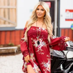 D & J Industries Lace Talk About It Tunic Dress, Lined - Wine Floral New Arrivals