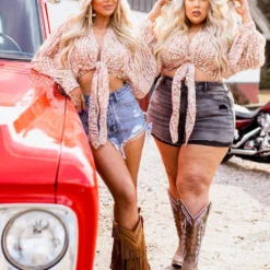 D & J Industies Co., LTD. New Arrivals Little Miss Daisy Crop Top - Peach And Tan Floral Lace