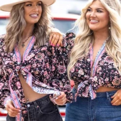 D & J Industies Co., LTD. Got You Wrapped Crop Top - Black Floral New Arrivals