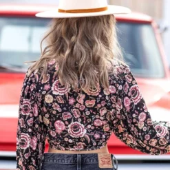 D & J Industies Co., LTD. Got You Wrapped Crop Top - Black Floral New Arrivals