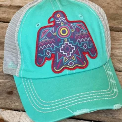 Southern Grace Aztec Thunderbird Turquoise Distressed Beige Mesh Hat New Arrivals