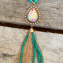 Southern Grace New Arrivals Shine So Bright Iridescent Oval Gold Crystal Turquoise Beaded Necklace