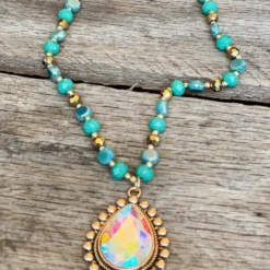 Southern Grace New Arrivals Shine So Bright Iridescent Oval Gold Crystal Turquoise Beaded Necklace