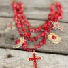 Southern Grace Red Beaded Necklace With Silver & Copper Crosses