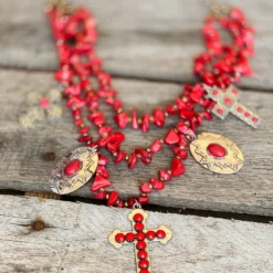 Southern Grace Red Beaded Necklace With Silver & Copper Crosses