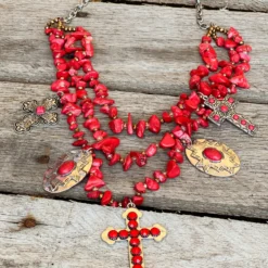 Southern Grace Red Beaded Necklace With Silver & Copper Crosses