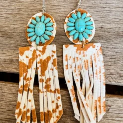 Southern Grace Rodeo Sweetheart Turquoise Cowhide Fringe Earrings
