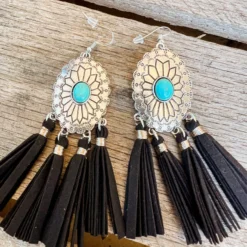 Southern Grace Cowgirl Turquoise Black Tassels Earrings