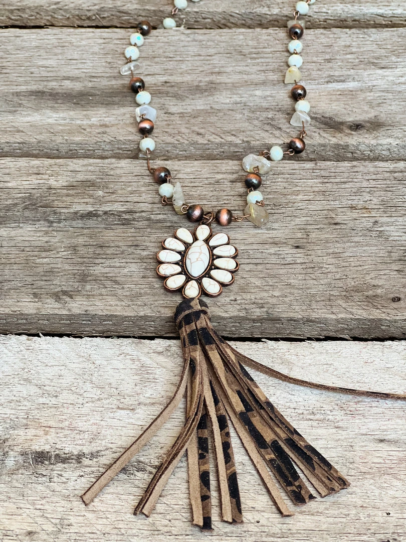 Southern Grace Cowgirl Copper Cream Leopard Squash Blossom Bead Navajo Necklace New Arrivals 1 Southern Grace Cowgirl Copper Cream Leopard Squash Blossom Bead Navajo Necklace New Arrivals