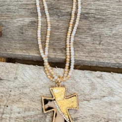 Southern Grace You Can't Cross Me Double Beaded Leopard Gold Cross Pendant New Arrivals